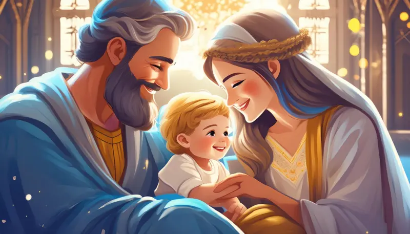 Abraham and Isaac - a baby Isaac with Abraham and Sarah lovingly looking at him.