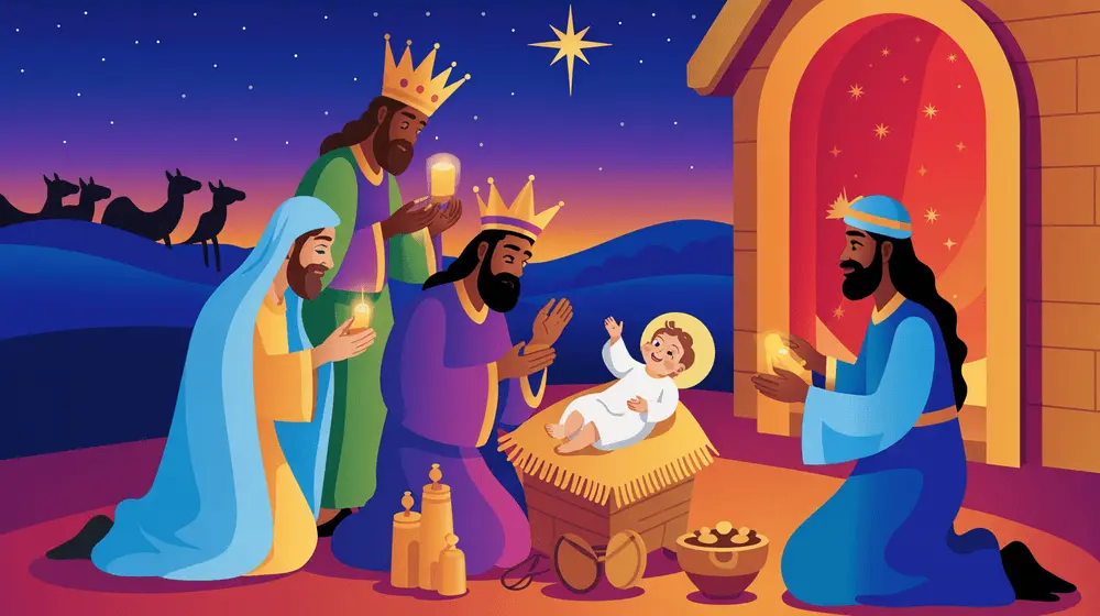 The wise men present gold, frankincense, and myrrh to baby Jesus as Mary holds him.